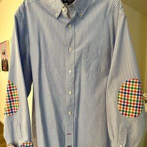 Cremieux Men’s Button-Down | Blue & White Stripe with Elbow Patches | Size L